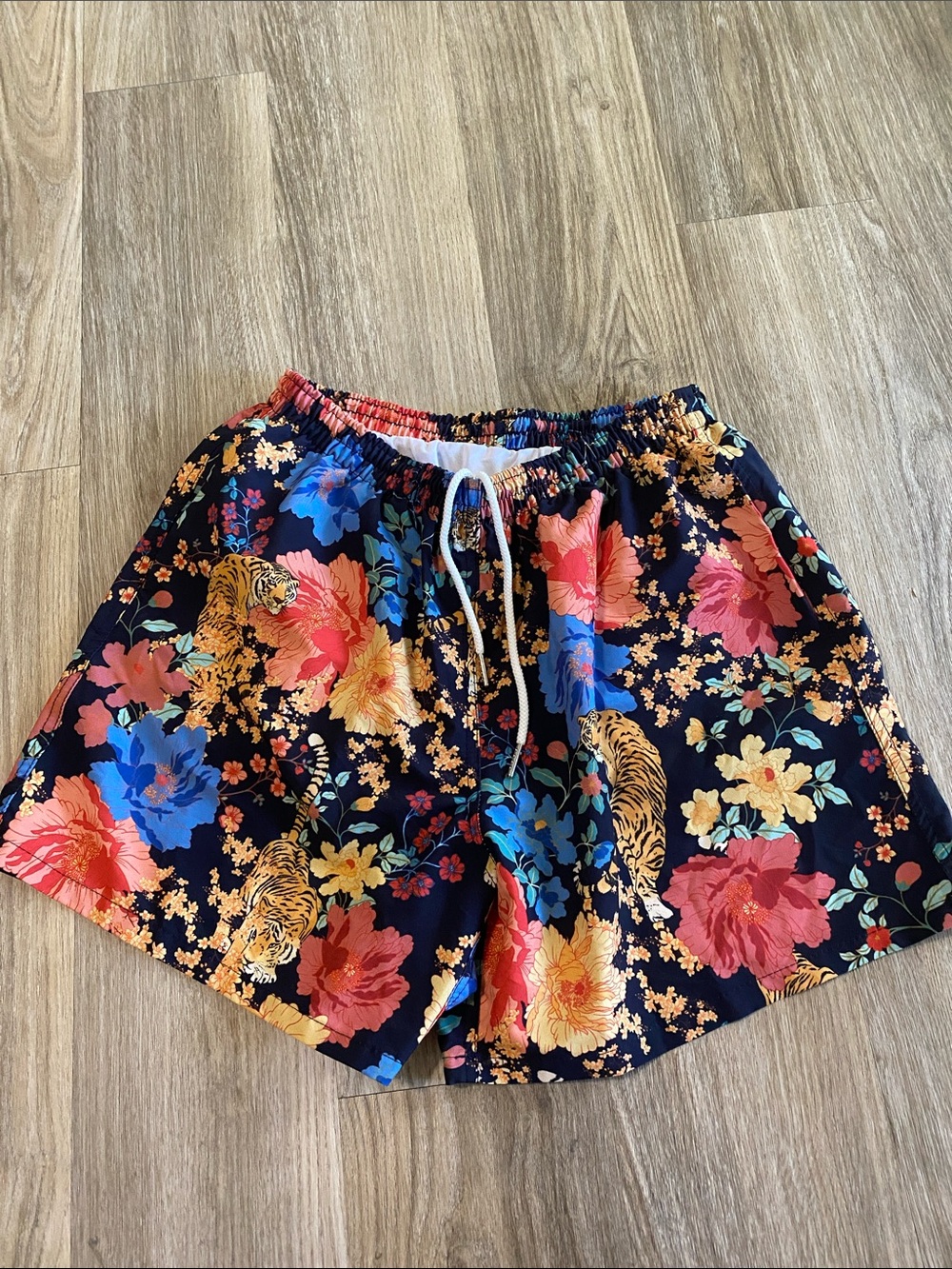 Floral Tiger Print Elastic Waist Women’s Shorts - Navy Multicolor